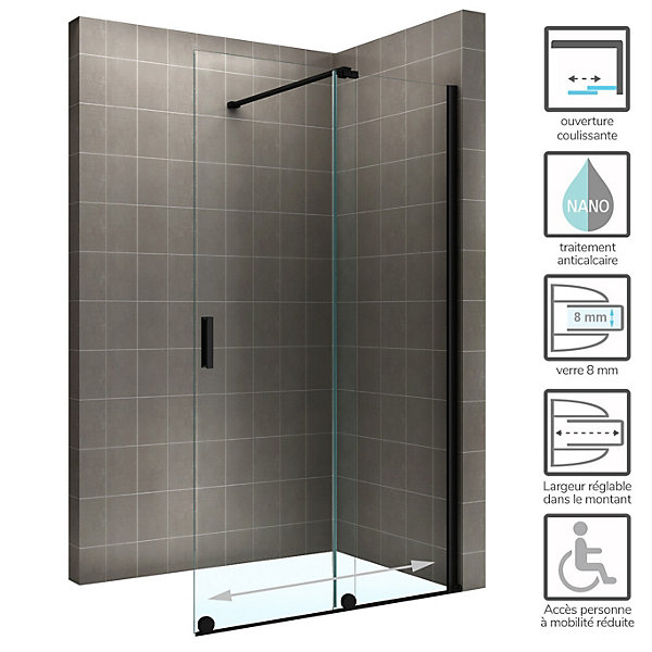 Paroi de douche italienne coulissante NAPOLIBLACK verre 8 mm transparent H.200 x 140 cm - Saniverre