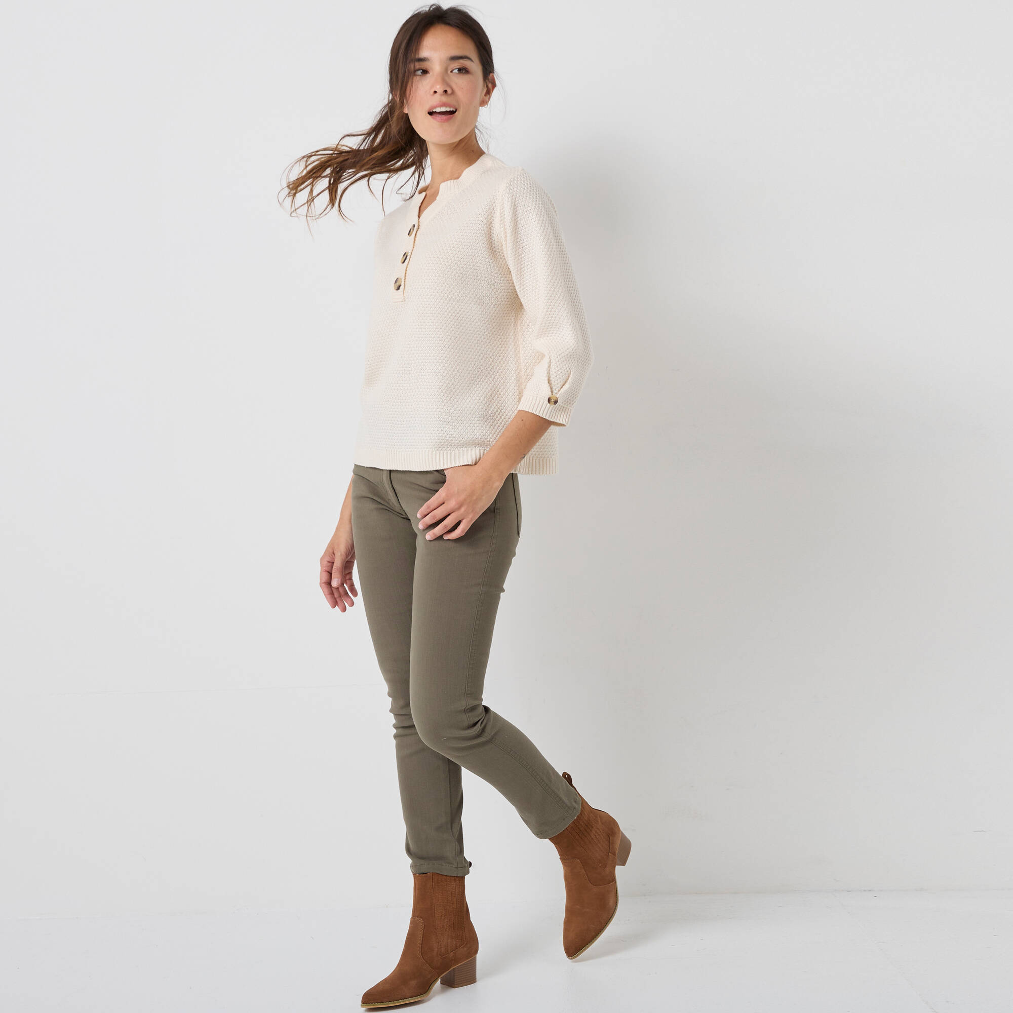 Pull col tunisien manches 3/4, maille fantaisie