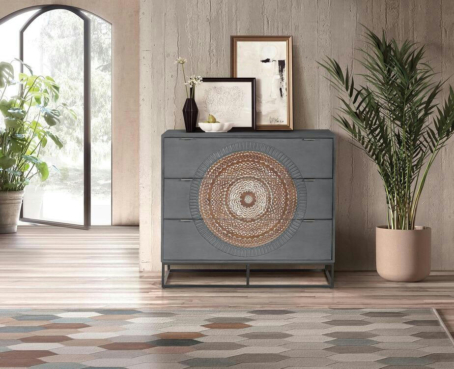 WOOD MANDALA - Commode en manguier et pieds en métal gris et marron