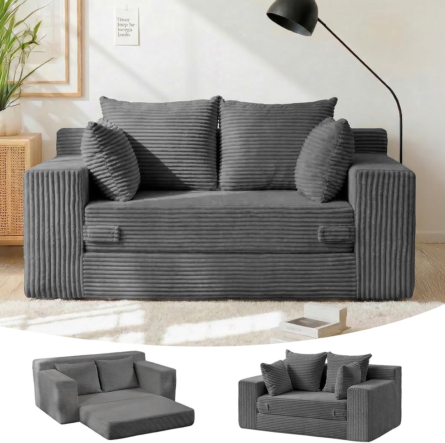 Winzon Boneless Loveseat, 3 in 1 Convertible Sofa Bed Sleeper Sofa Floor Futon Bed with 4 Pillows, 55 Grey Boneless Couch for Living Room, Guest Room, Small Space, No Assembly Required, Corduroy