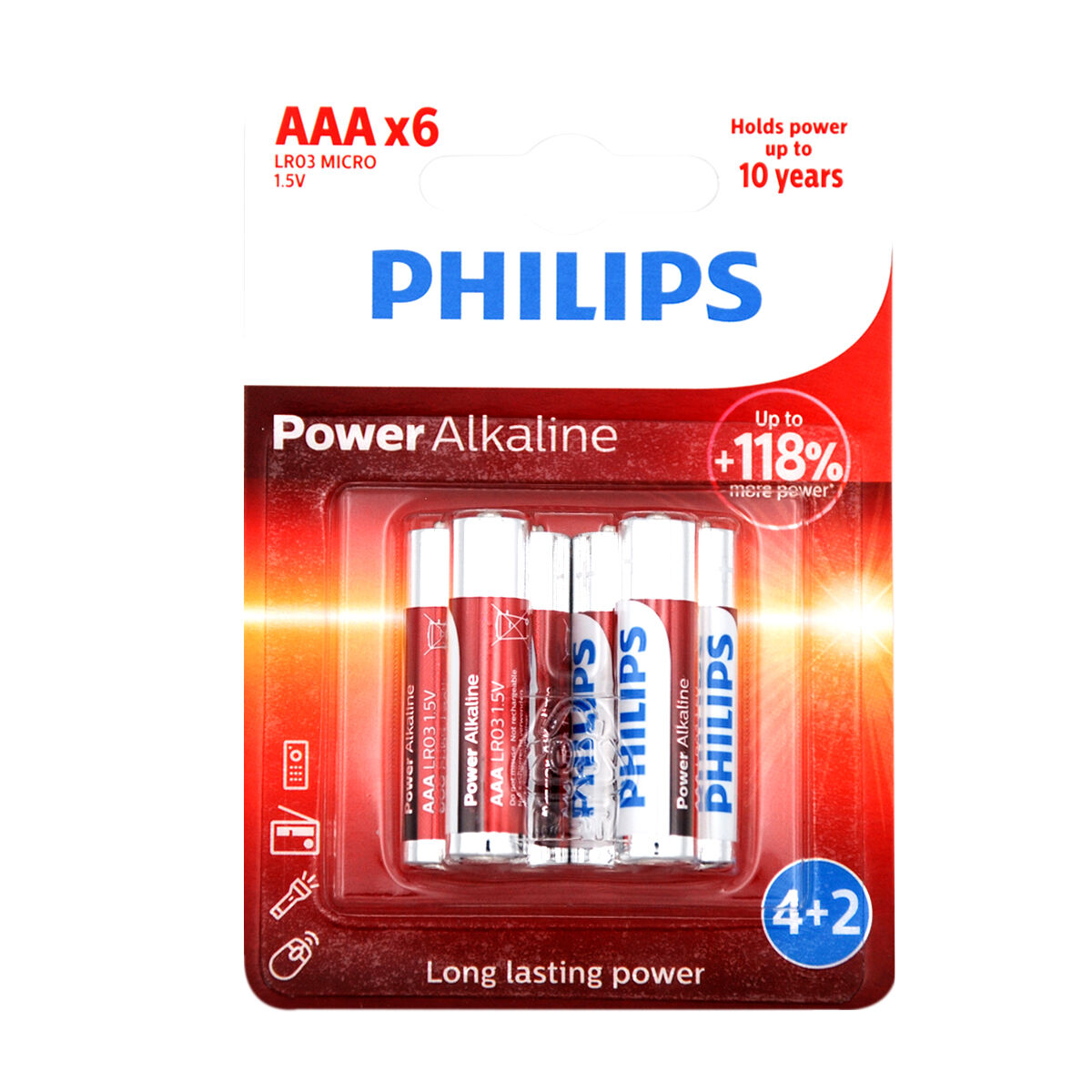 Conjunto de 6 pilhas alcalina Philips power life lr03