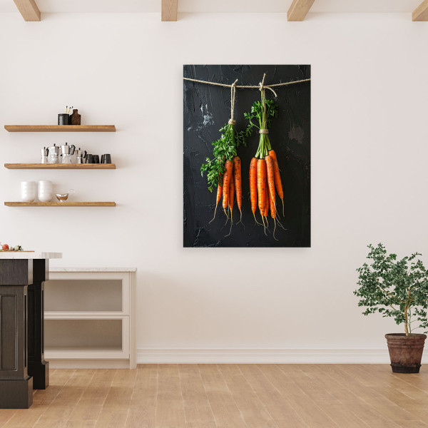 Obraz do kuchni restauracji baru jadalni, Wiszące marchewki warzywa 20x30