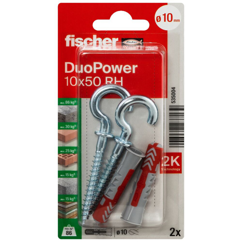 Cheville DuoPower RH en nylon avec collerette et crochet rond Ø 10 x 50 mm 2 pièces