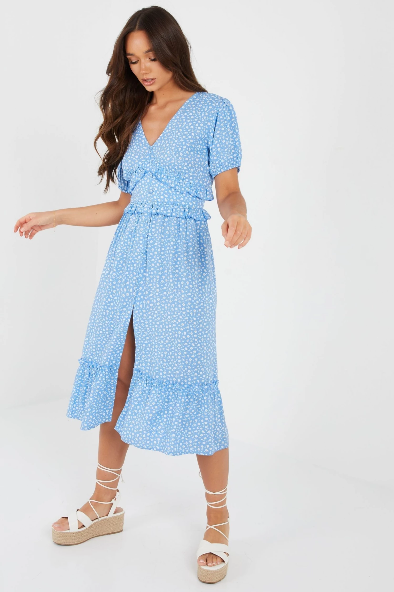 Quiz Blue Floral Frill Midi Dress