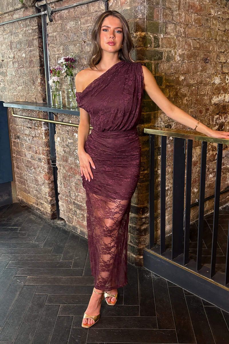 AX Paris Plum Lace Overlay Off The Shoulder Midi Dress