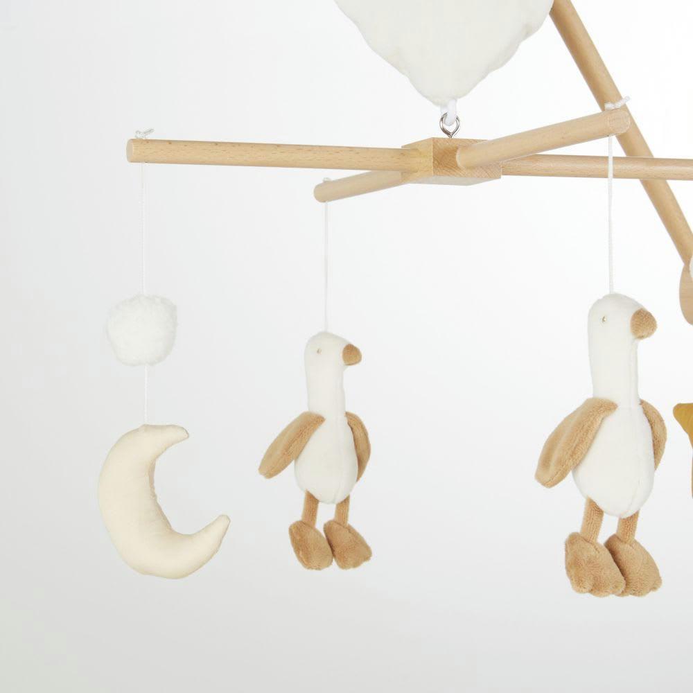 - Mobile musical bébé blanc, beige, orange et jaune moutarde