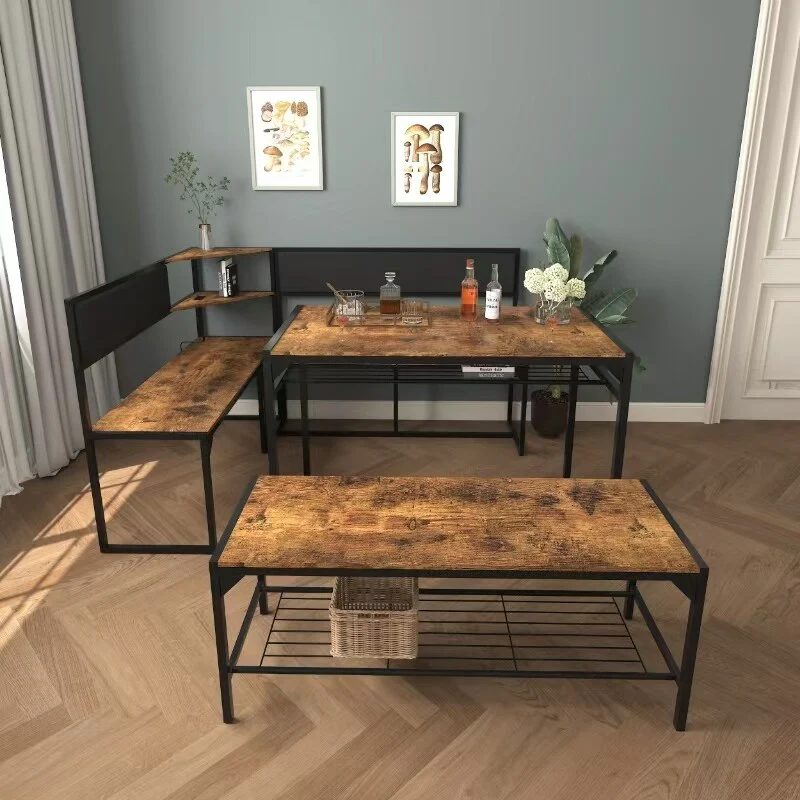 3-Piece corner dining table Set with 47.2 dining table, left seat sofa bench and 43.3 bench