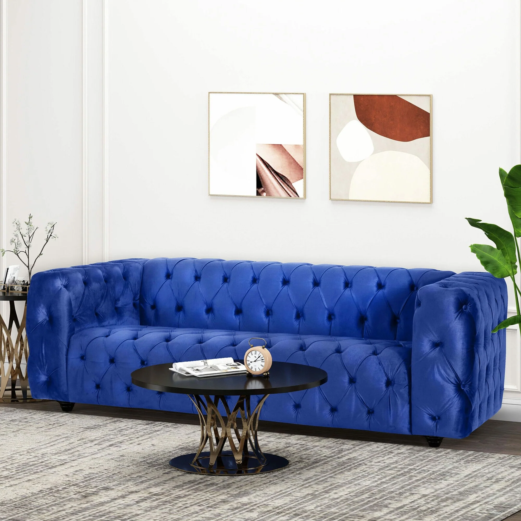 Blue 83.5'' Velvet 3-Seater Sofa with Button-Tufted Backrest, Vintage Legs
