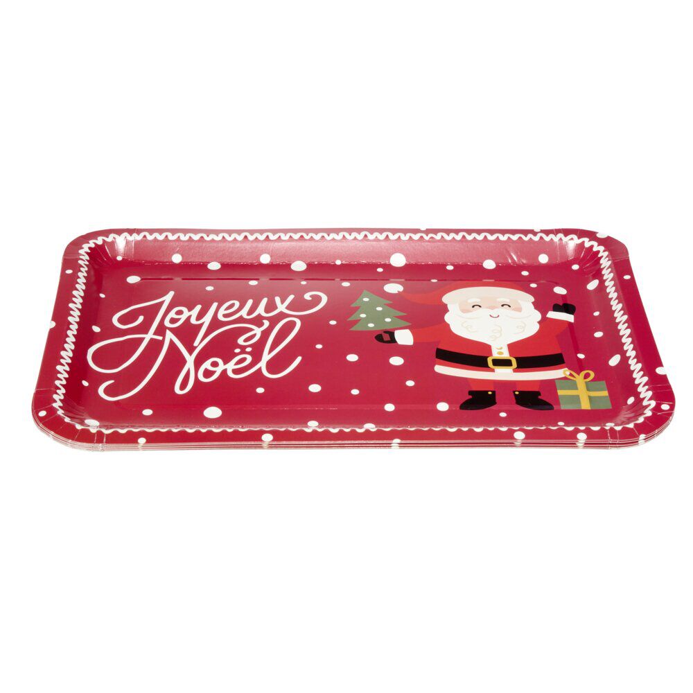 Plateau rectangulaire inscription Joyeux No&euml;l et Père No&euml;l L30X19XH1,5 cm papier rouge