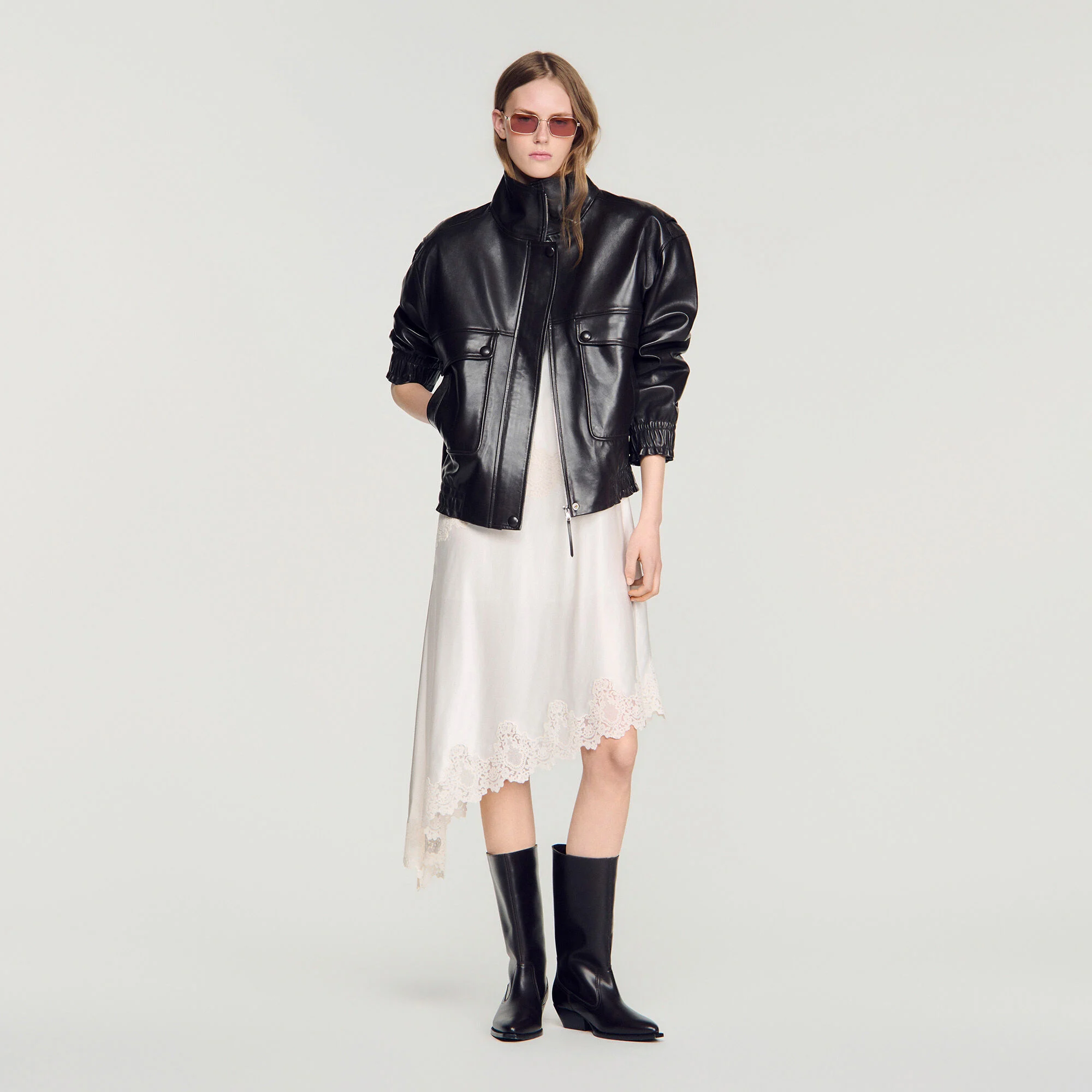 Blouson oversize en cuir col montant