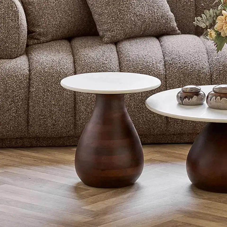 Artichok Herre houten bijzettafel bruin met wit marmer blad - &Oslash;40