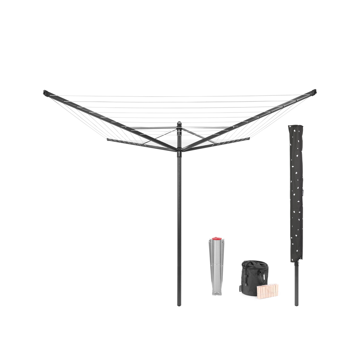 Brabantia Droogmolen Lift-O-Matic, 50 meter met metalen grondanker, doorsnede 45 mm, beschermhoes, wasknijpertasje en wasknijpers - Anthracite