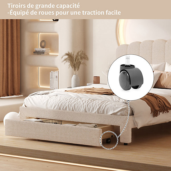 Lit double 160x200 cm en tissu teddy beige, Tiroirs de rangement au pied du lit et ports USB intégrés