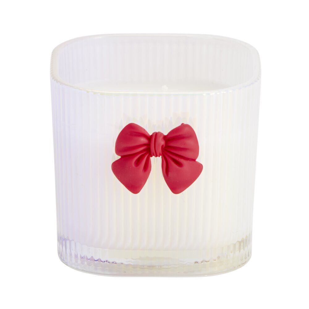Bougie pot en verre strié avec noeud décoratif 7x7xH6,5cm (2 modèles blanc ou rose)