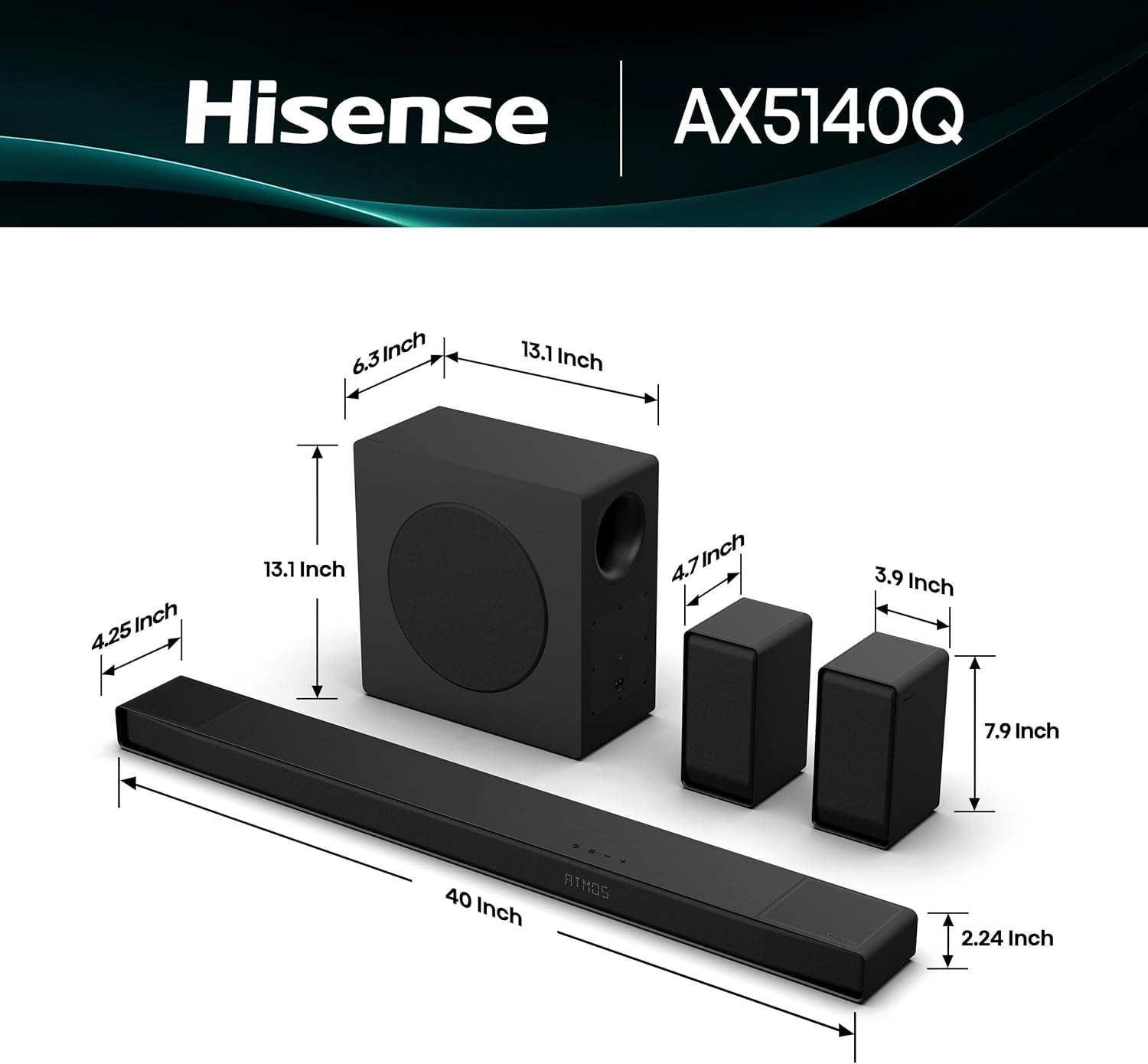 Hisense AX5140Q 5.1.4Ch Sound Bar with Wireless Subwoofer  Dolby Atmos  DTS:X  Bluetooth 5.3  Roku TV Ready  HDMI/AUX/ARC/Optical/USB  EzPlay  7 EQ Modes  Hi Concerto  Room Calibration