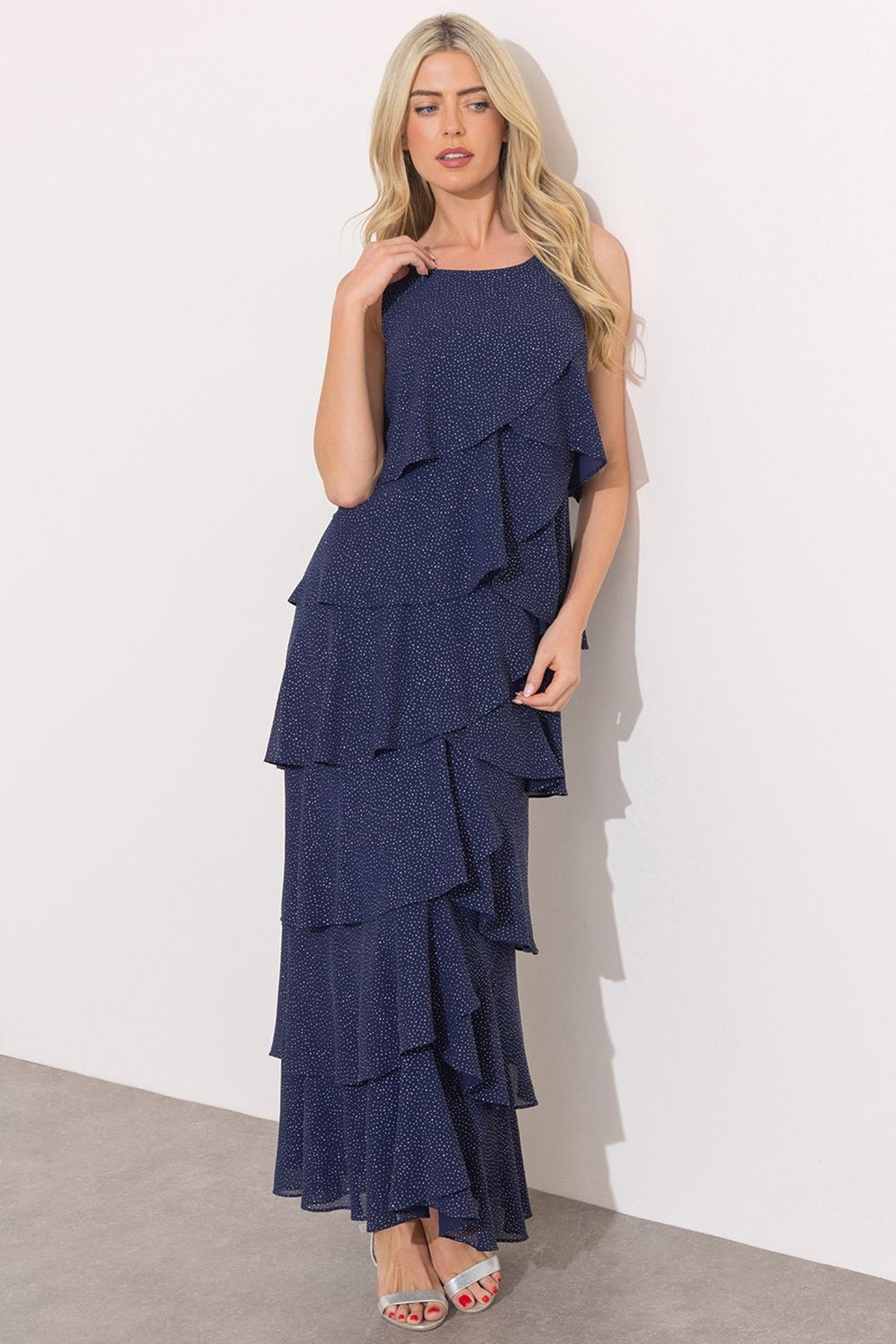 Klass. Sleeveless Glitter Layered Maxi Dress