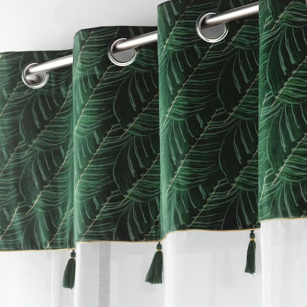 PALMINA - Voilage sable top velours pompon vert 140x240cm