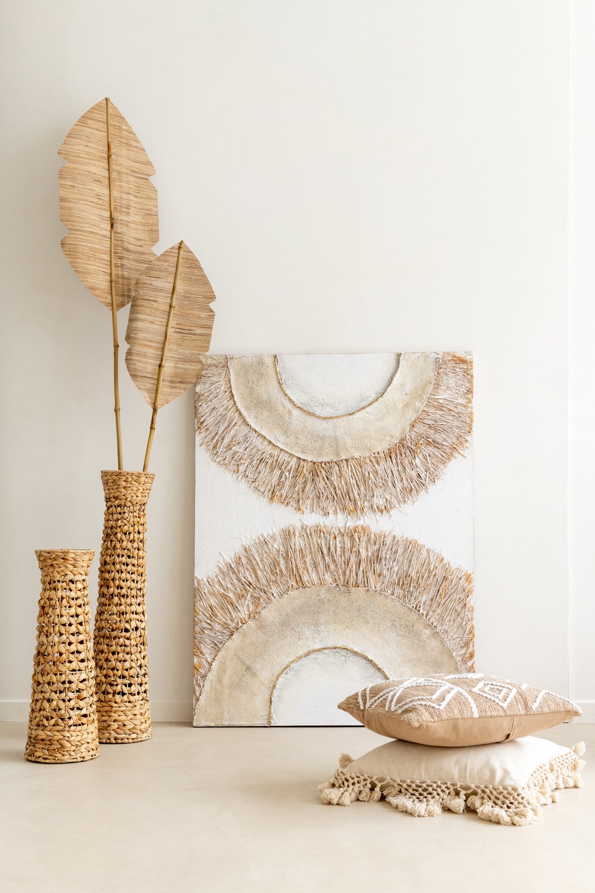 J-Line wanddecoratie Ibiza - canvas/verf - creme/wit - 2 stuks