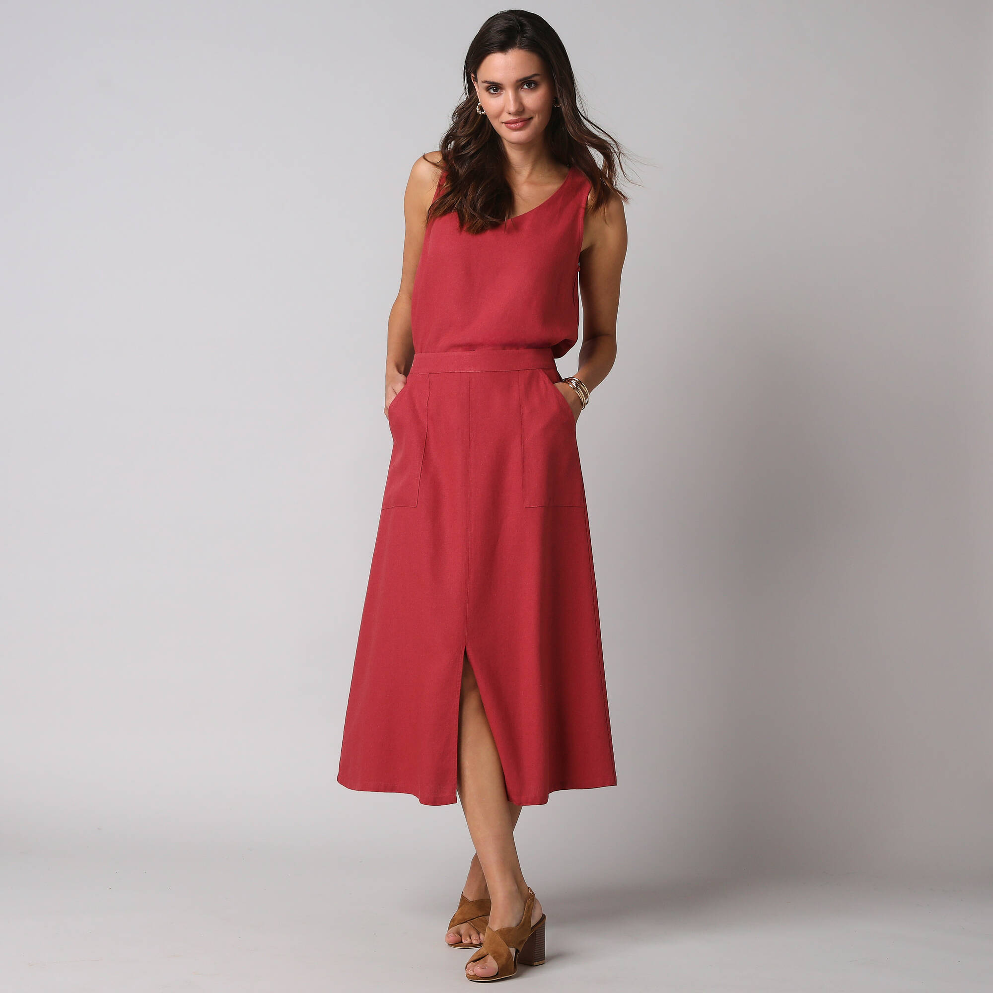 Débardeur larges bretelles col V, viscose et lin
