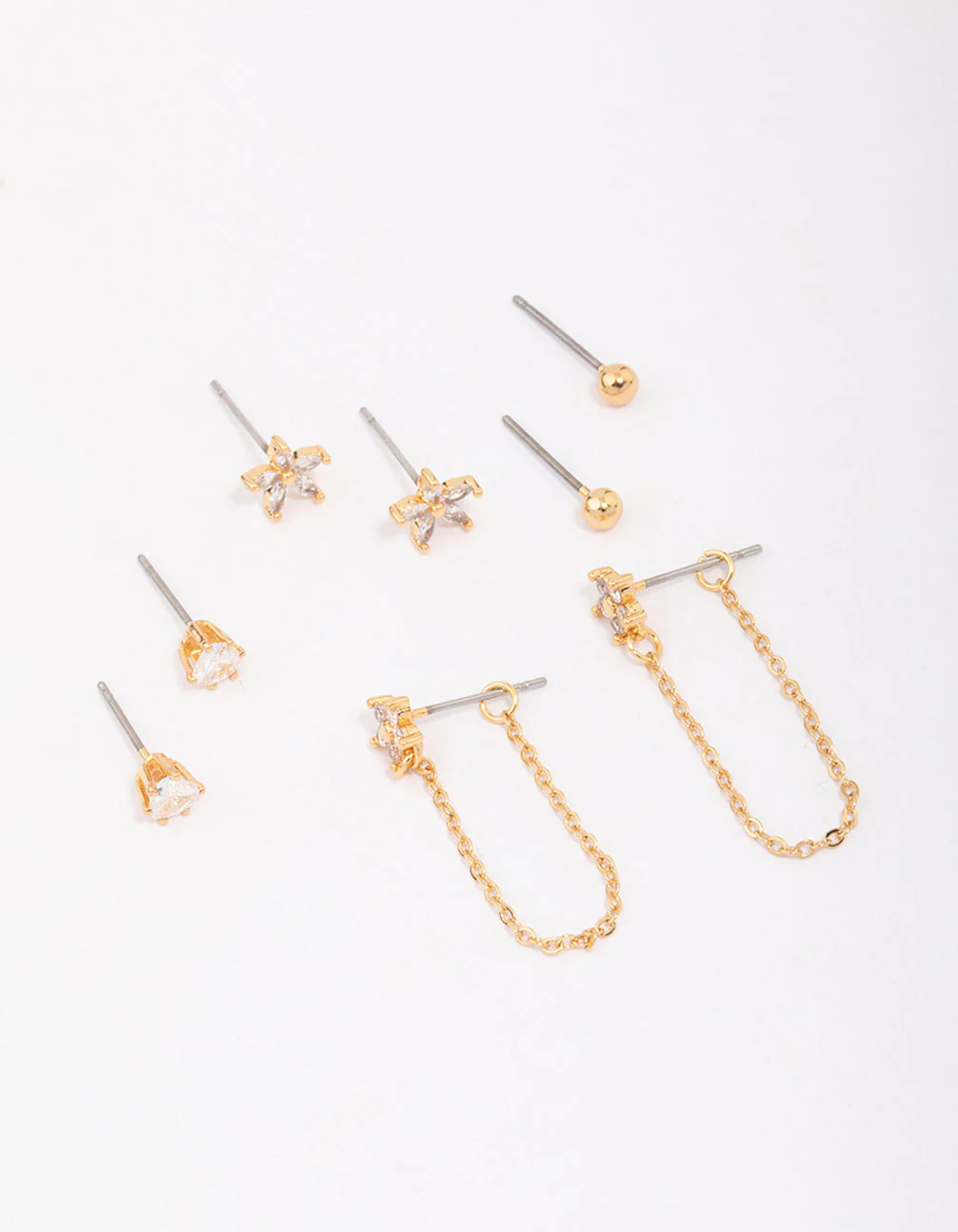 Gold Plated Brass Heart & Flower Chain Earring 4-Pack