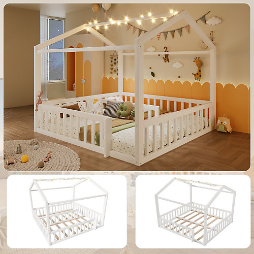 Lit cabane enfant 90x190cm - barrières de sécurité - LED - blanc (matelas non inclus)