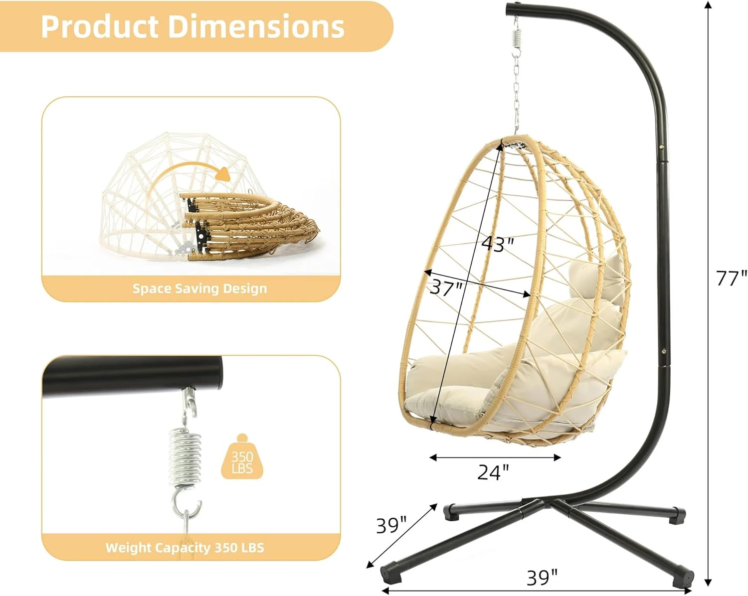 LEX CRAFT Egg Chair with Stand, Swing Chair Hanging Chair Nest Basket, UV Resistant Removable & Washable Cushions,350LBS Capacity for Bedroom, Balcony, Garden（YE-BE