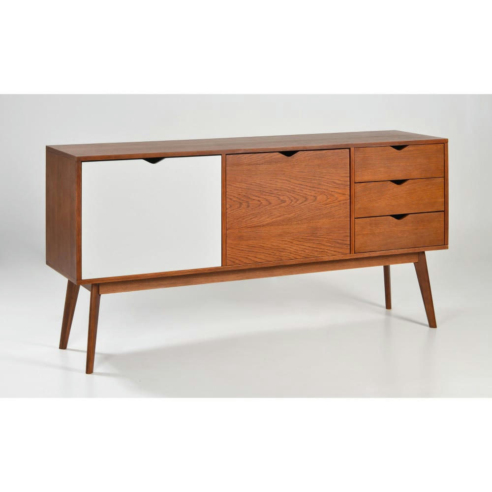 STRÖM - Buffet design 2 portes 3 tiroirs teinté noyer L170 cm porte blanche