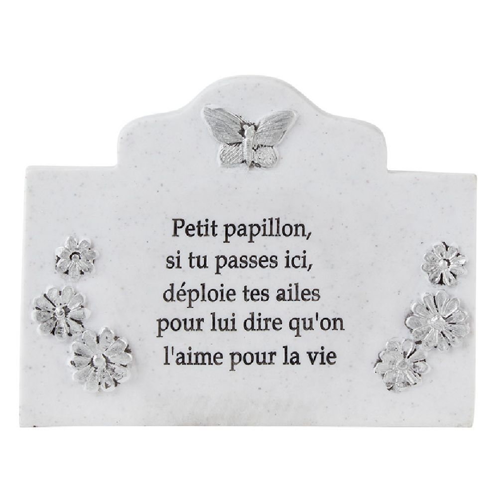 Plaque funéraire   pot de fleur motif fleur papillon résine blanc