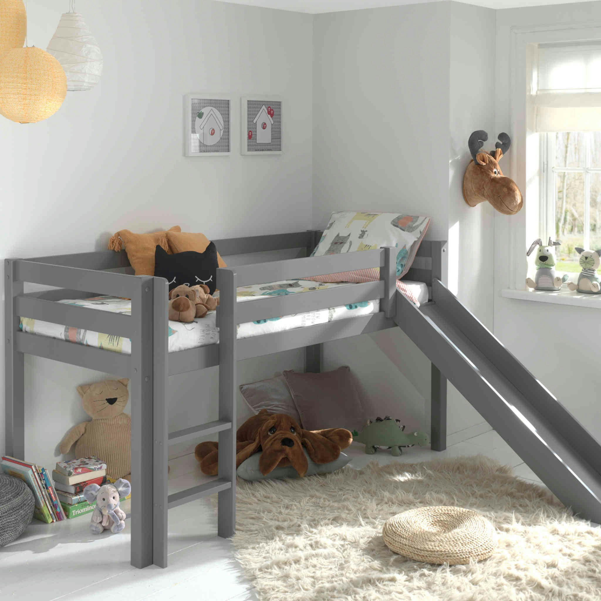 - Lit mezzanine enfant avec toboggan en bois massif gris 90x200