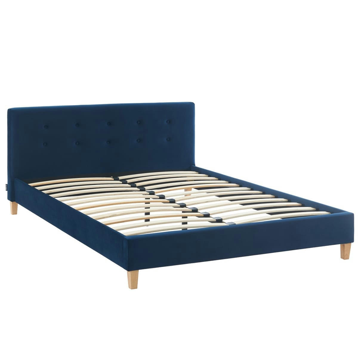 MILO - Lit adulte 140x190 avec tête de lit capitonnée en velours bleu foncé