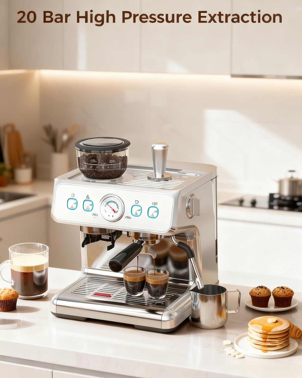 COWSAR 20 Bar Espresso Machine with Grinder & Milk Frother Steam Wand, 58mm Expresso Coffee machines, Commercial Stainless Steel Coffee Maker for Cappuccino and Latte, Perfect for Home and Café Use