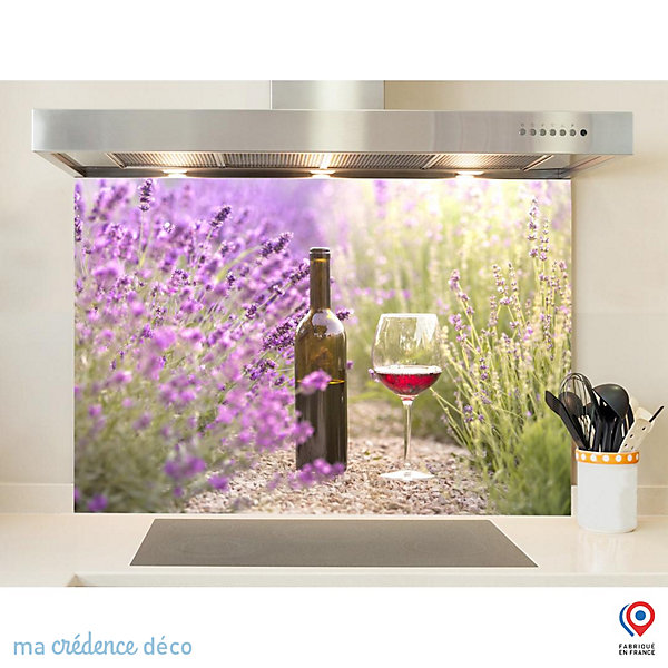 Crédence cuisine fond de hotte Vin et lavandes, Provence cat - Verre trempé - L 90 cm x H 50 cm - MaCrédenceDéco