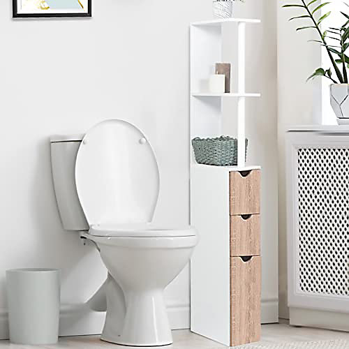 Colonne de Rangement Toilettes et Salle de Bain 3 Tiroirs et 3 Etagères en Bois Blanc et Marron