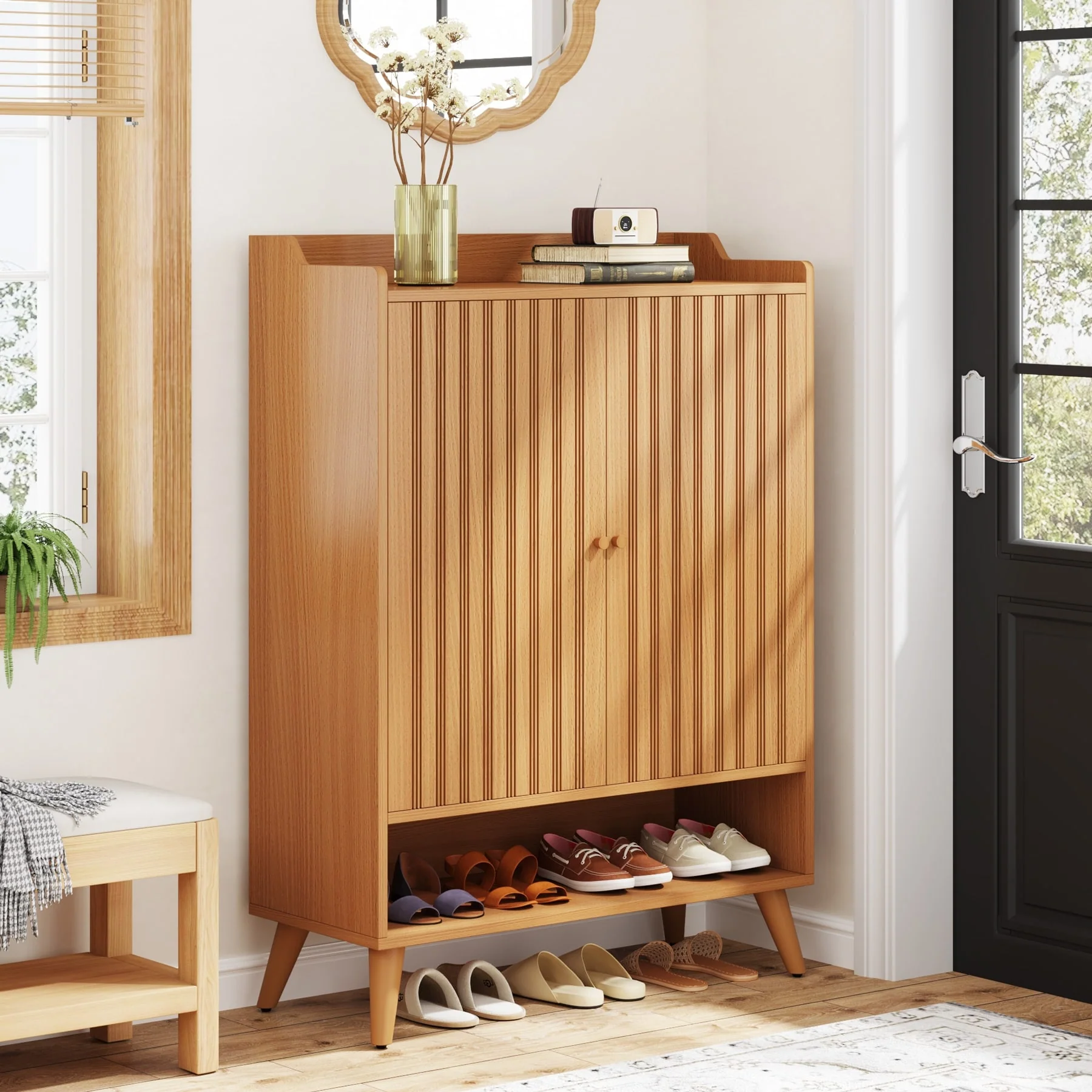 Entryway Slim Shoe Storage Cabinet with Adjustable Shelves and Open Shelf