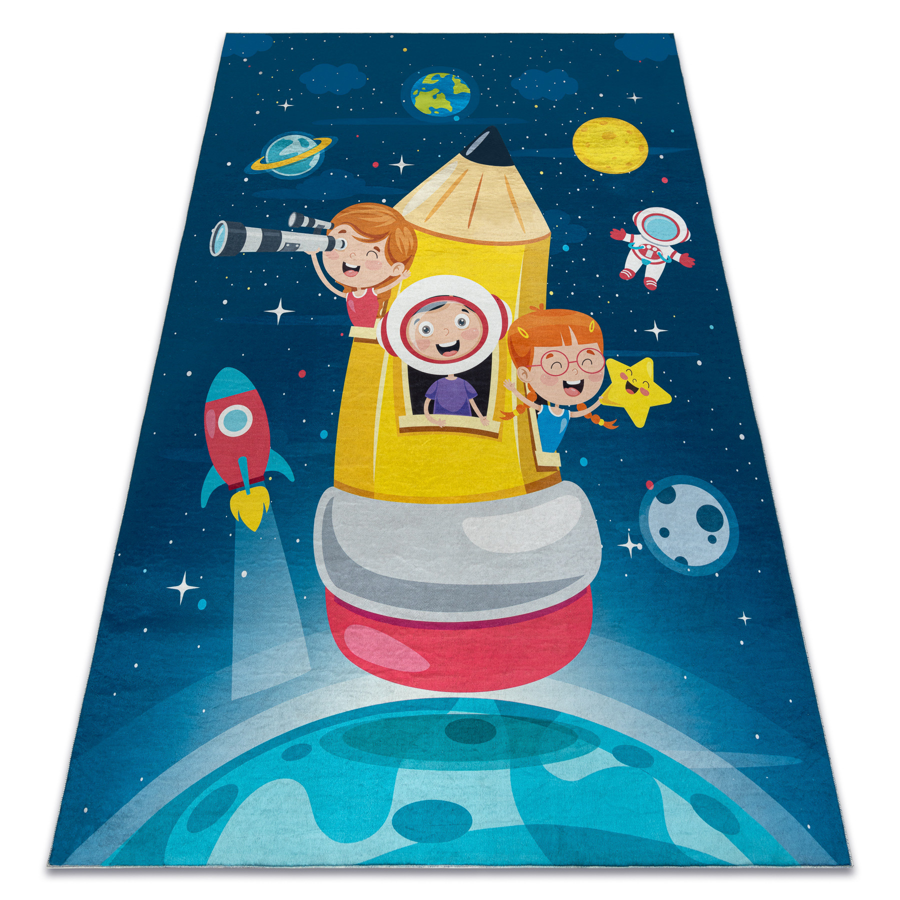 Dywan do prania BAMBINO 42810 Rakieta, planety dla dzieci, 80x150 cm