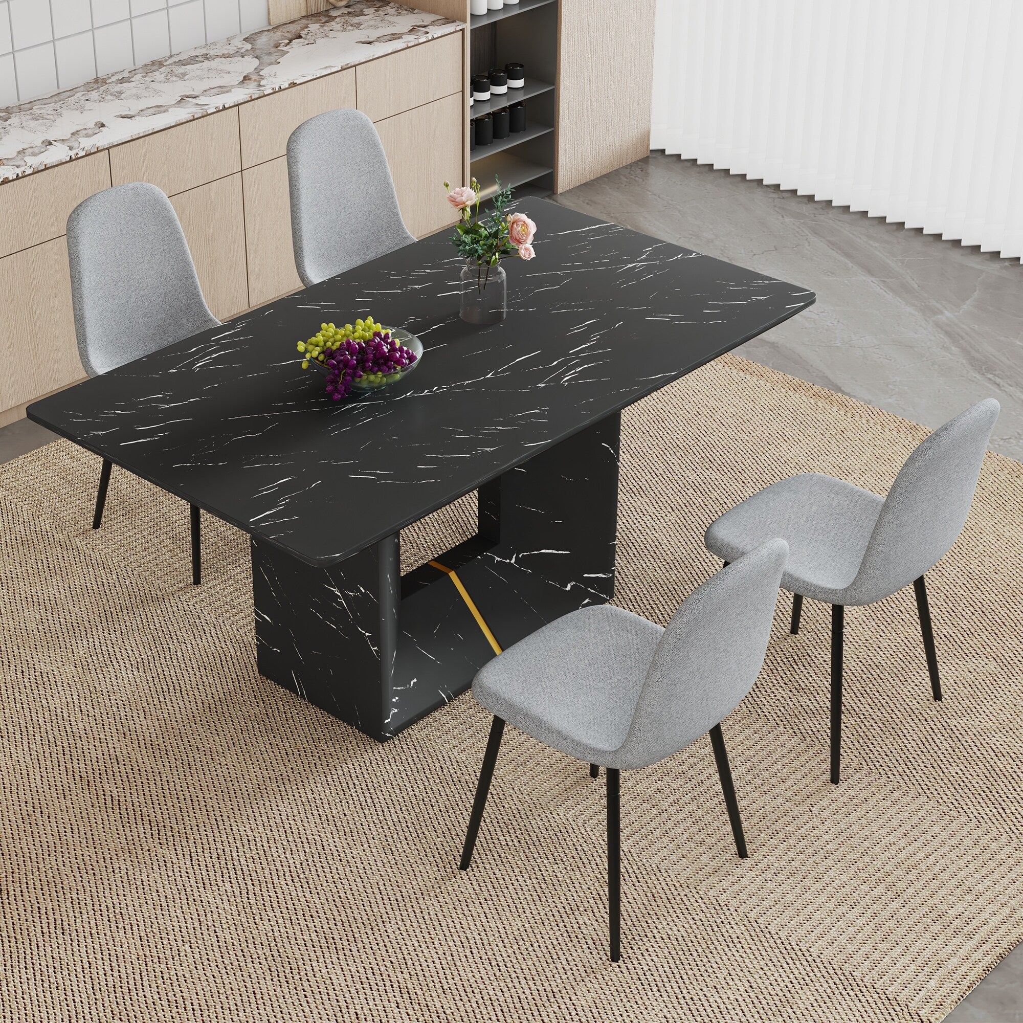 Modern Dining Table Set with Marble Pattern Top, O-Shaped Legs, Waterproof Cat Paw Leather Chairs, Non-Slip Feet