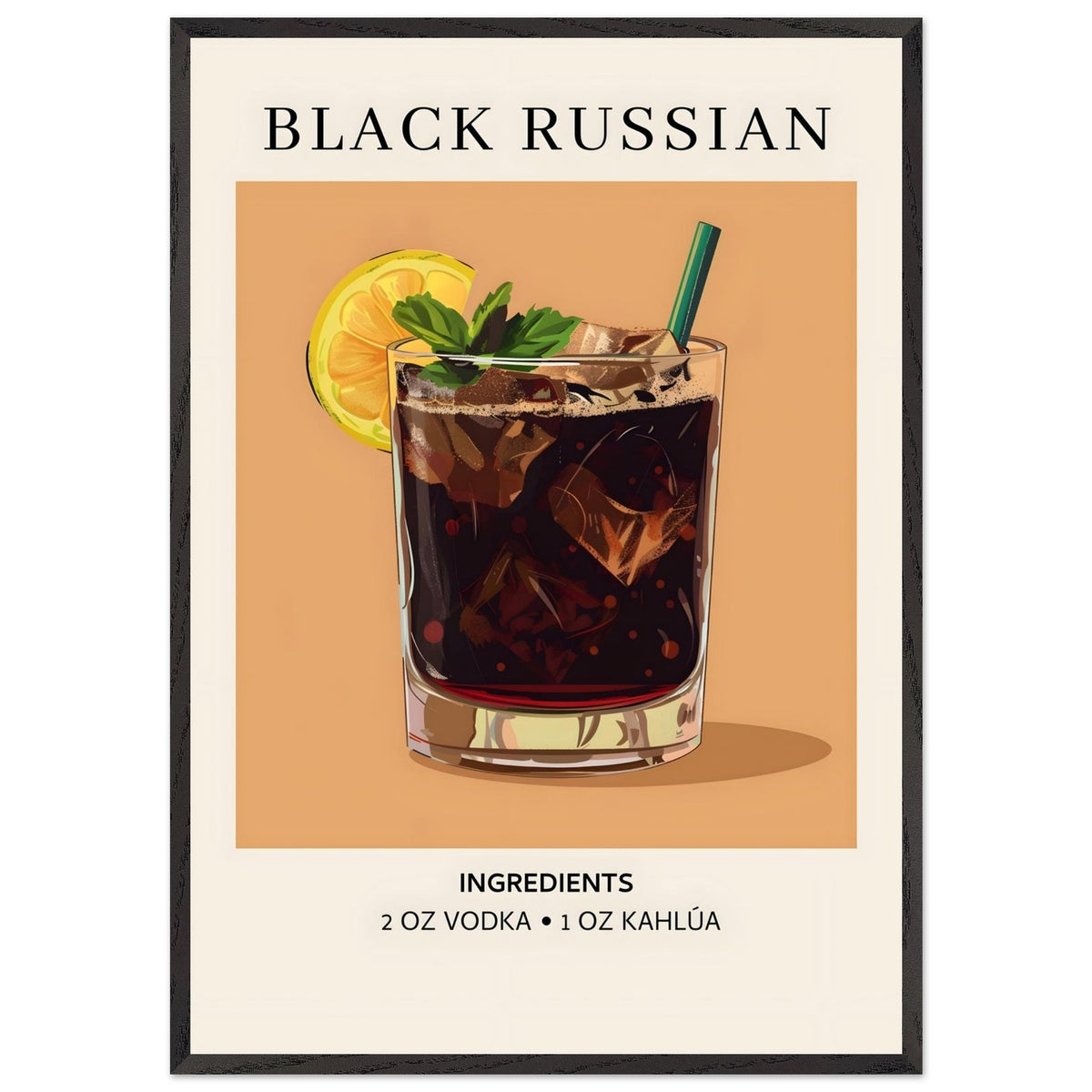 Artfulprints Poster met Lijst Black Russian cocktail - Ingrediënten  - 70x100 cm - Bruin