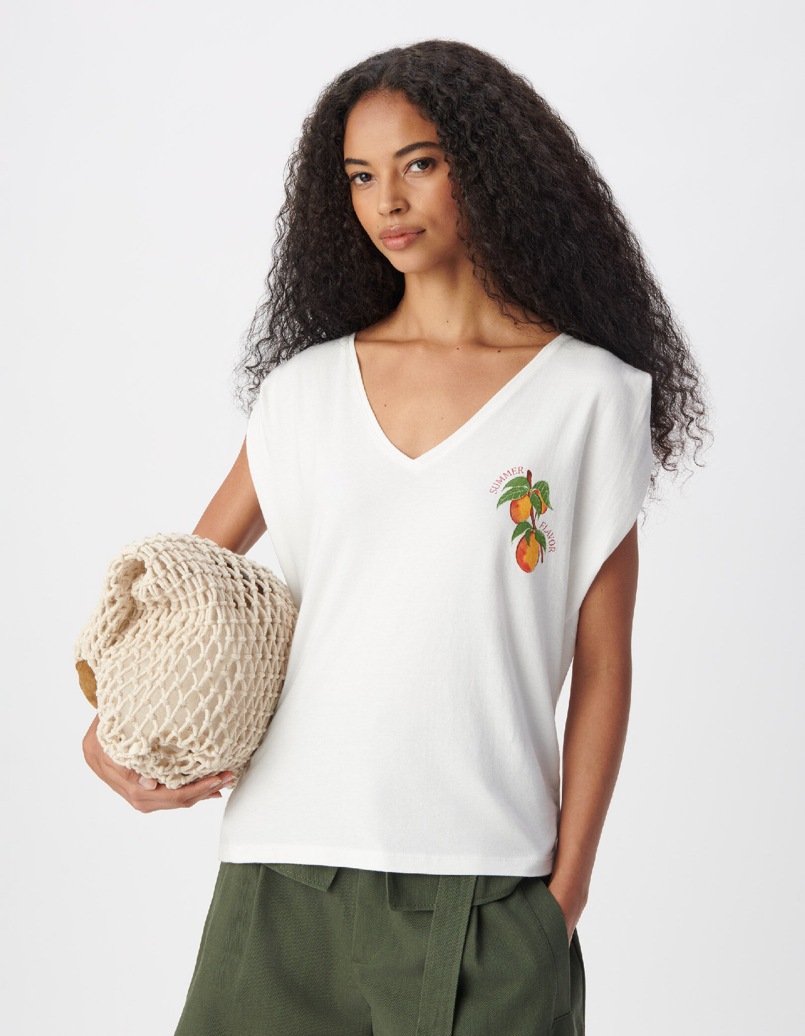 Tee-shirt col V blanc visuel fruits Femme