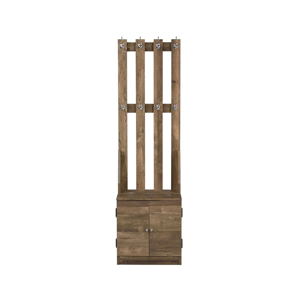 Wooden Hall Tree with 8 Hooks and Bottom Compartment, Weathered Brown
