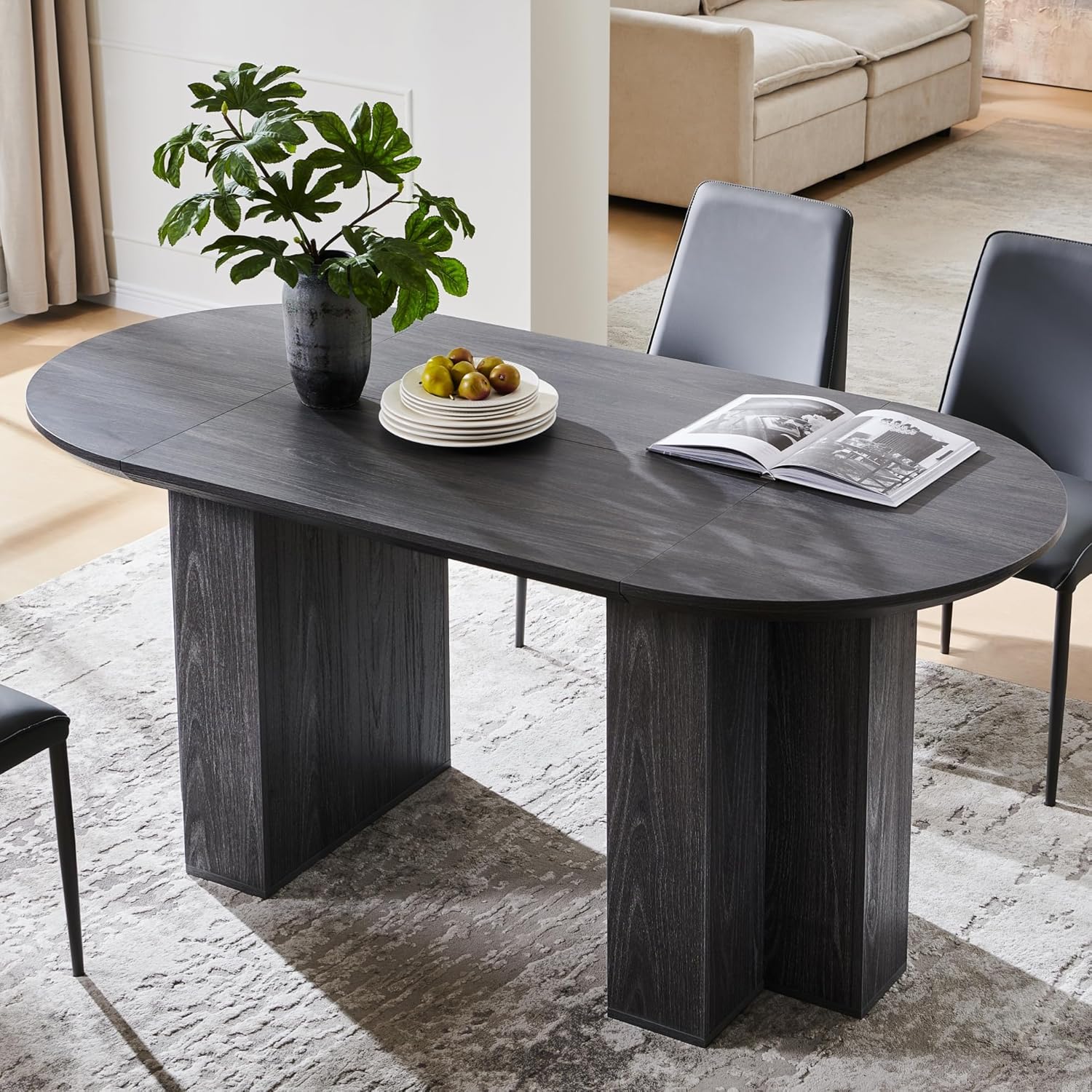 OKD 63 Inch Modern Wood Oval Dining Table for 4-6, Dining Room Table with Stable T-Shaped Base & Metal Frame & Thick Tabletop, Sturdy Kitchen Table for Dinner Room, Kitchen, Gathering, Dark Alder