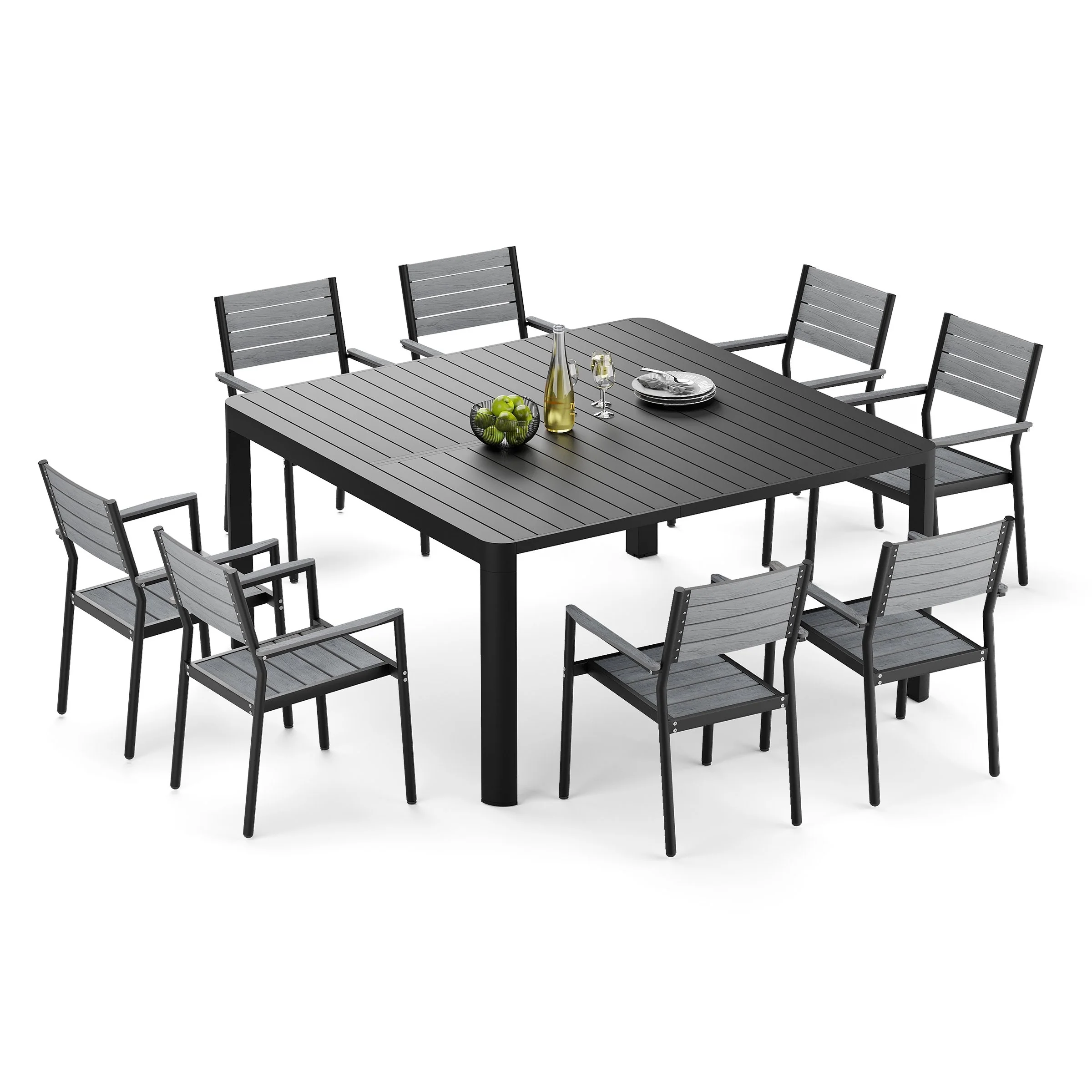 Outdoor Dining Furniture Extending Table with Extension Leaf, Stackable Chairs, Aluminum - See Picture