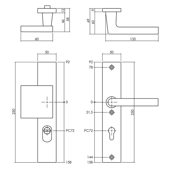 Schutzbeschlag, Kernziehschutz PZ 72 mm eckig Griff/Drücker