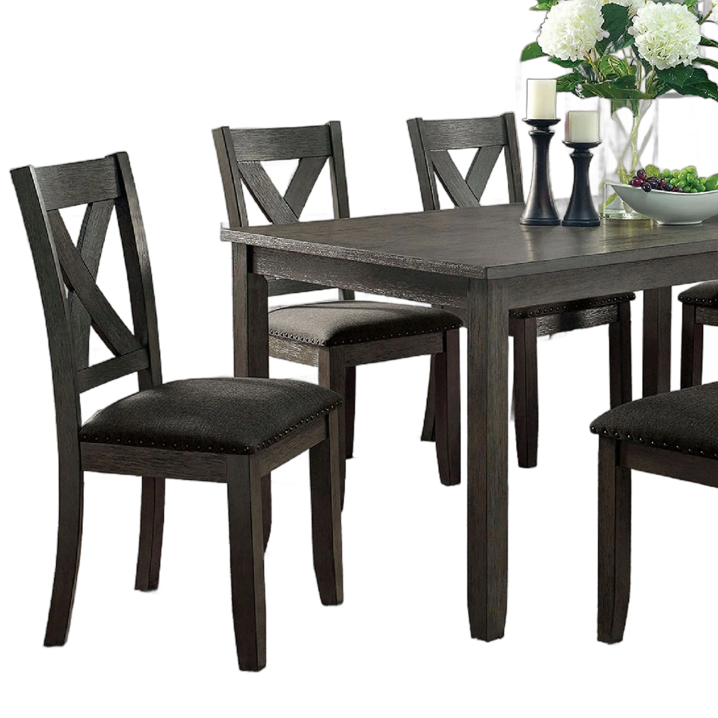 Garie 6pc Dining Table Set with Bench, 4 X-Cross Back Chair, Gray Wood