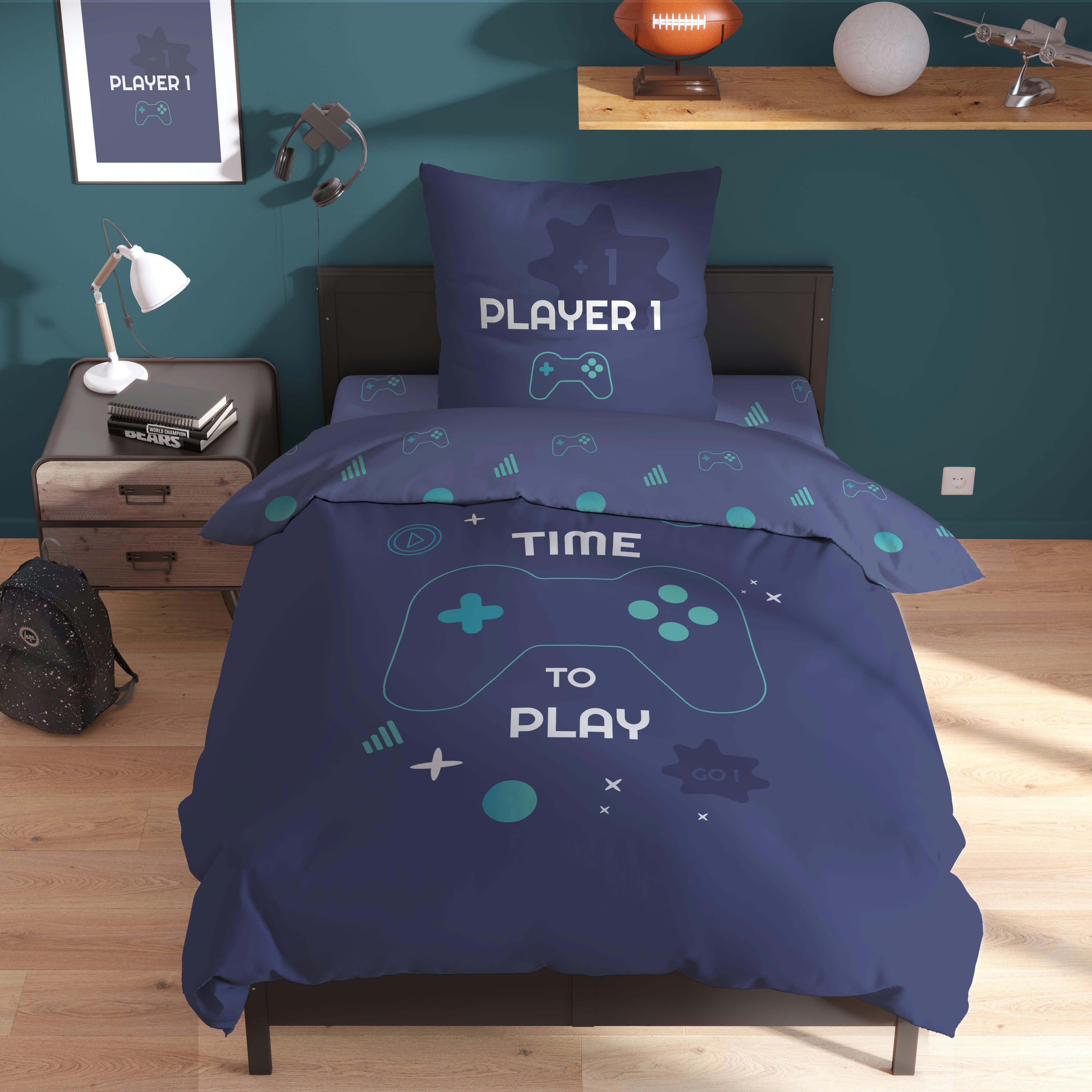 GAMER - Parure de lit imprimée en coton Bleu Nuit 140x200+63x63cm
