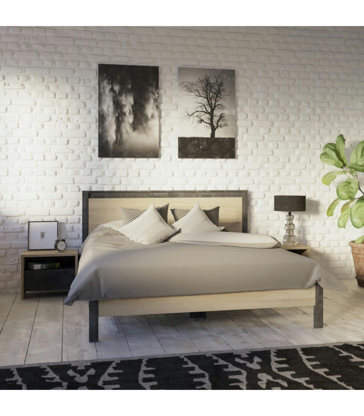 COLORADO - Lit Adulte 2 Places décor Chêne et Noir - 140x190 cm