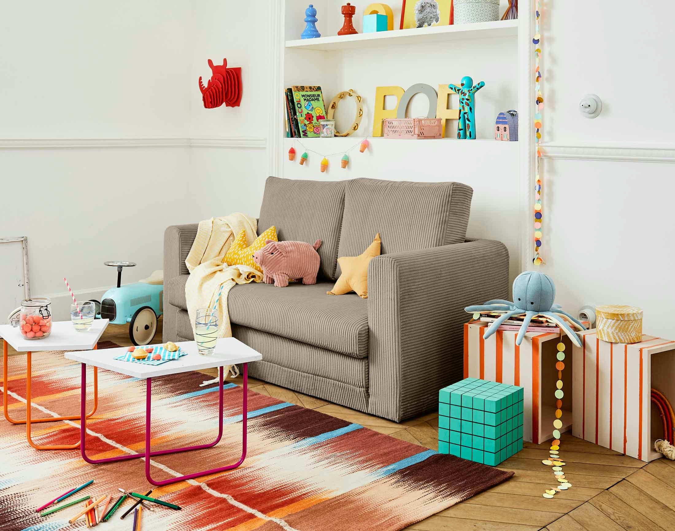 MARILIA - Canapé droit convertible 2 places en velours côtelé taupe