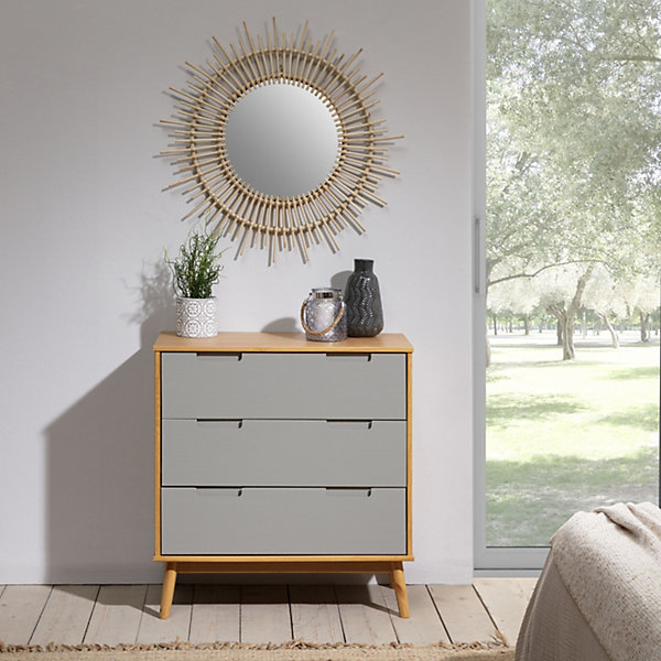 Commode de nuit Bruce avec 3 tiroirs, bois massif, 80 cm Largeur