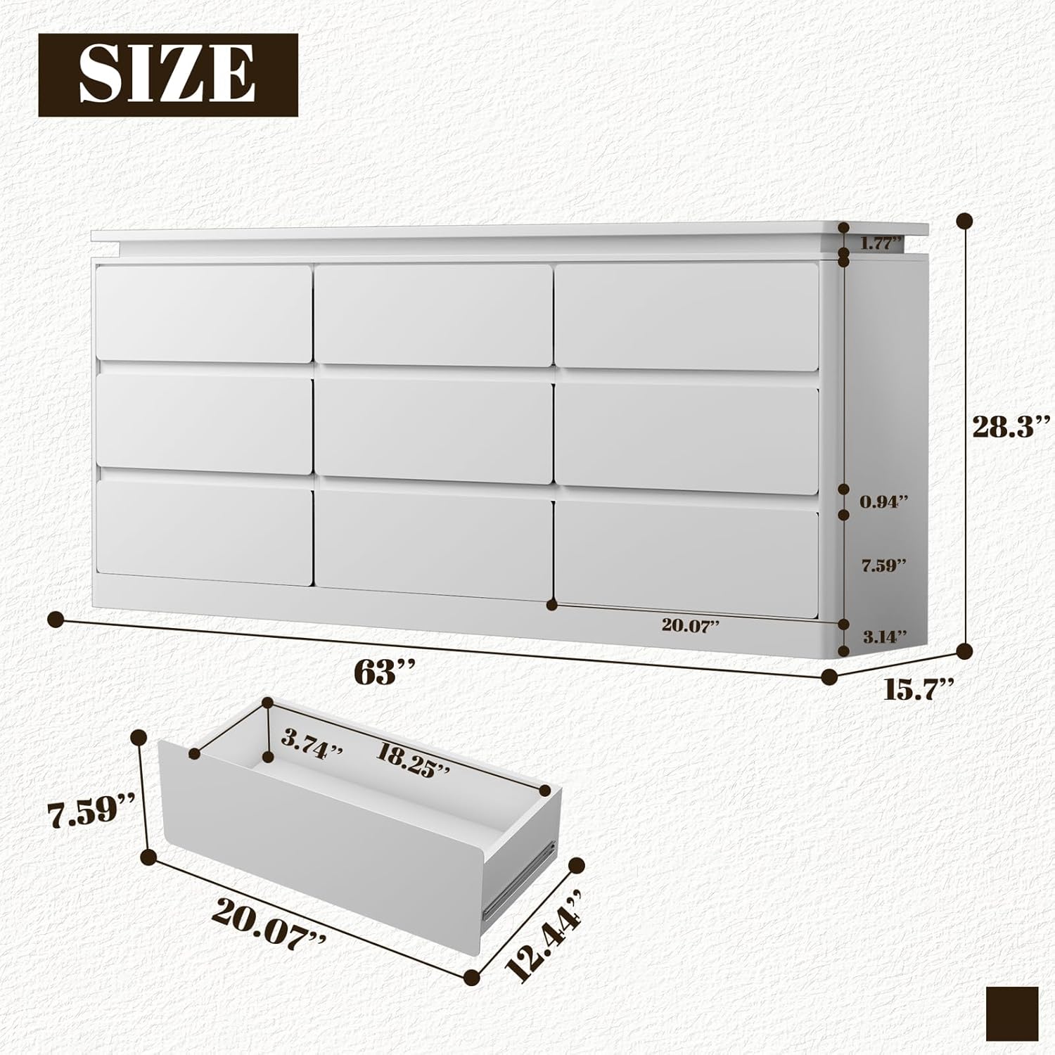 9 Drawer Dresser for Bedroom, 63 Long White Chest of Drawers with Charging Station & LED Lights, Curved Profile Design,Wooden Closet Storage Cabinet,Modern Dresser TV Stand with Deep Drawers
