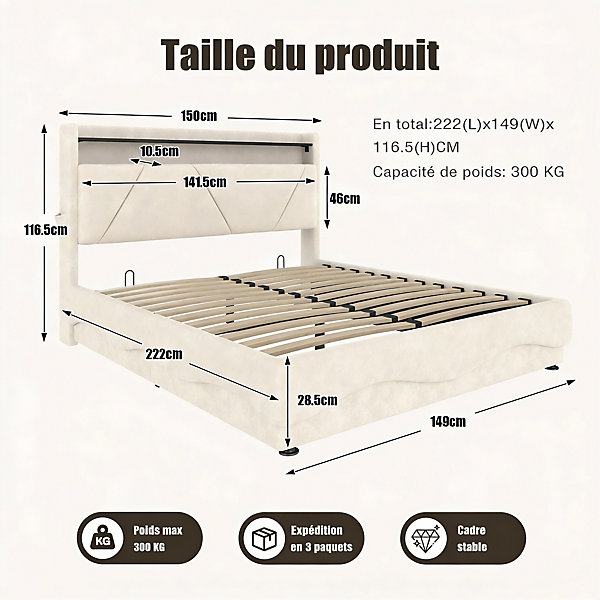 Lit rembourré 140x200 avec éclairage LED et ports USB,étagères,tête rangement,Lit coffre double,sans Matelas,Velours,beige