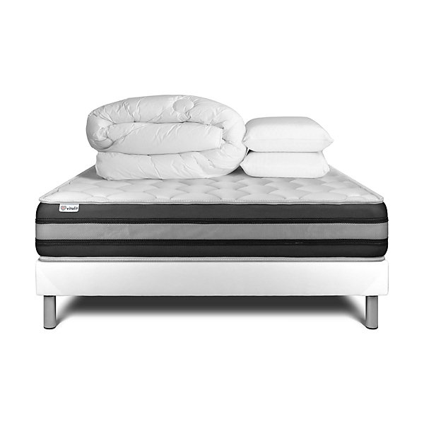 Pack sommier kit matelasRessorts ensachés et mémoire de forme avec couette et oreillers